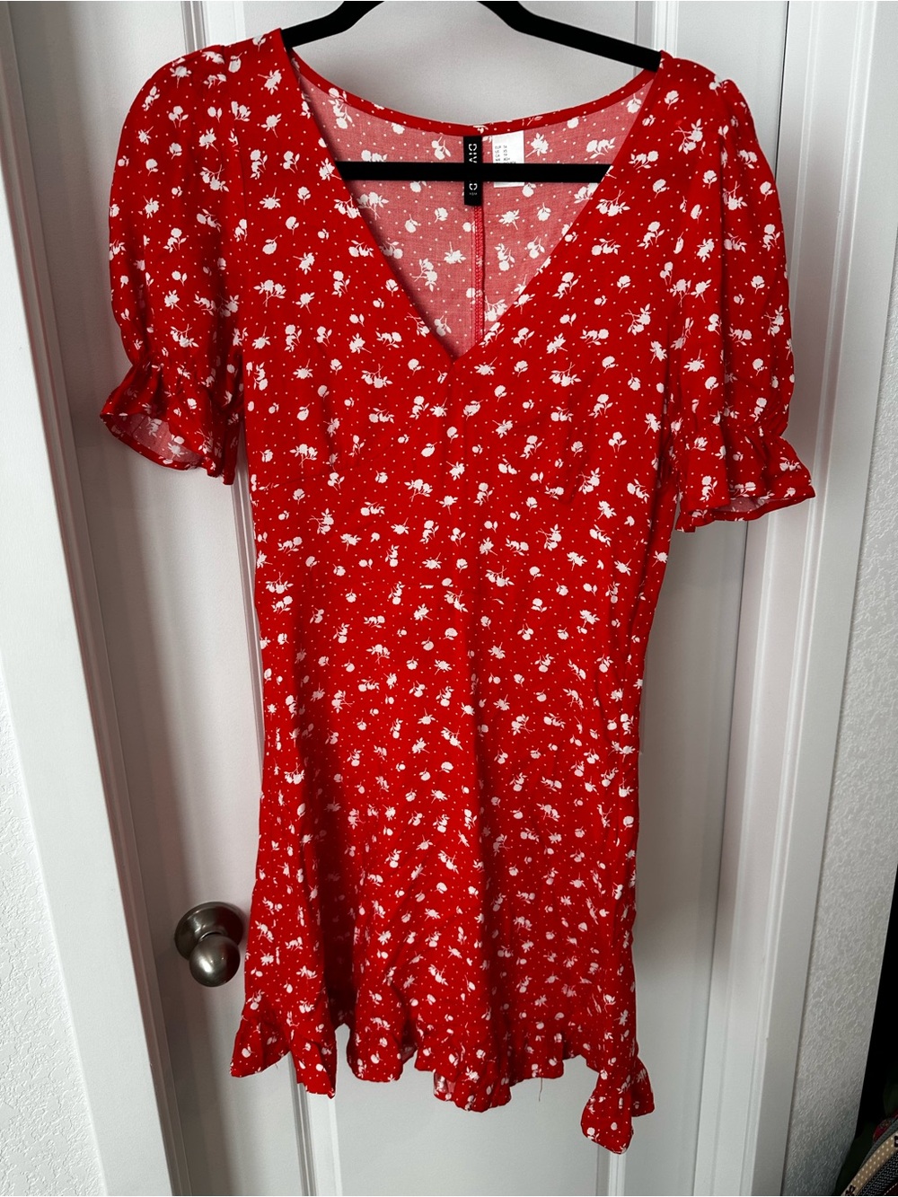 Divided Red Floral V-Neck Midi Dress